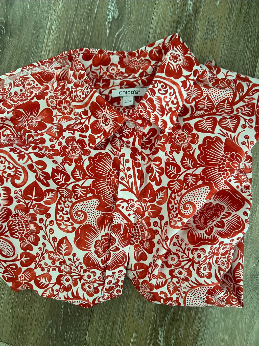 Chico's White And Red Floral Print Button-Down Top